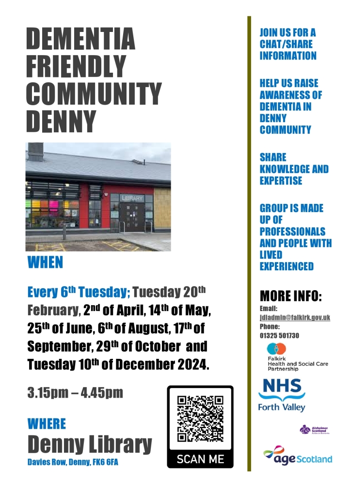 Dementia Friendly Community Event.  Denny Library every 6th Tuesday 3.15pm - 4.45pm.